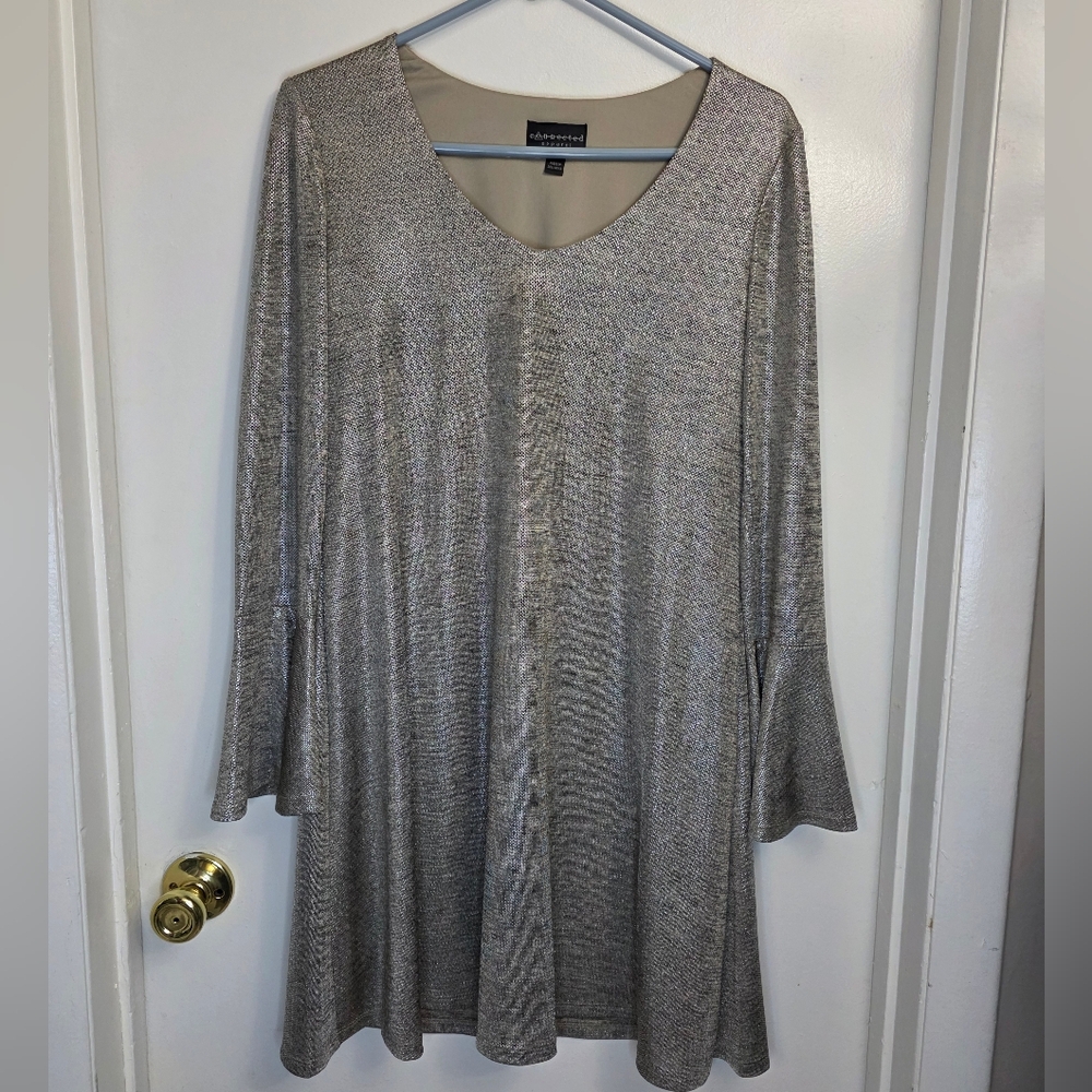 Connected Apparel Silver Metallic Fit & Flare Dress Bellsleeve Date Night Party